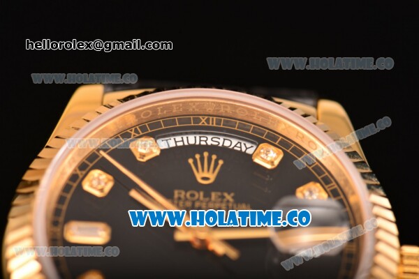 Rolex Day-Date Asia 2813/Swiss ETA 2836/Clone Rolex 3135 Automatic Yellow Gold Case with Diamonds Markers and Black Dial (BP) - Click Image to Close